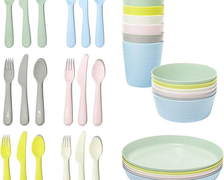 Juego de vajilla y cubertería de colores pastel para niños, de plástico, sin BPA, con cuencos, cubiertos, platos y vasos